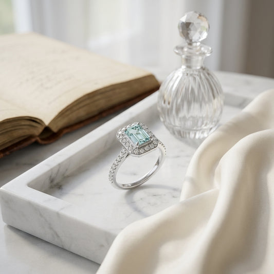 Aquamarine And Diamond Ring In 14k White Gold ( 7 X 5 ) — atelier still life