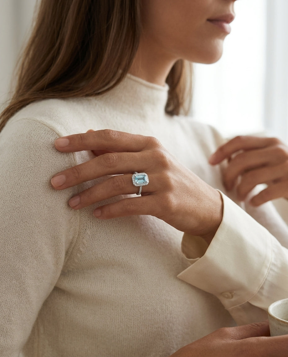Aquamarine And Diamond Ring In 14k White Gold ( 7 X 5 ) — editorial close-up