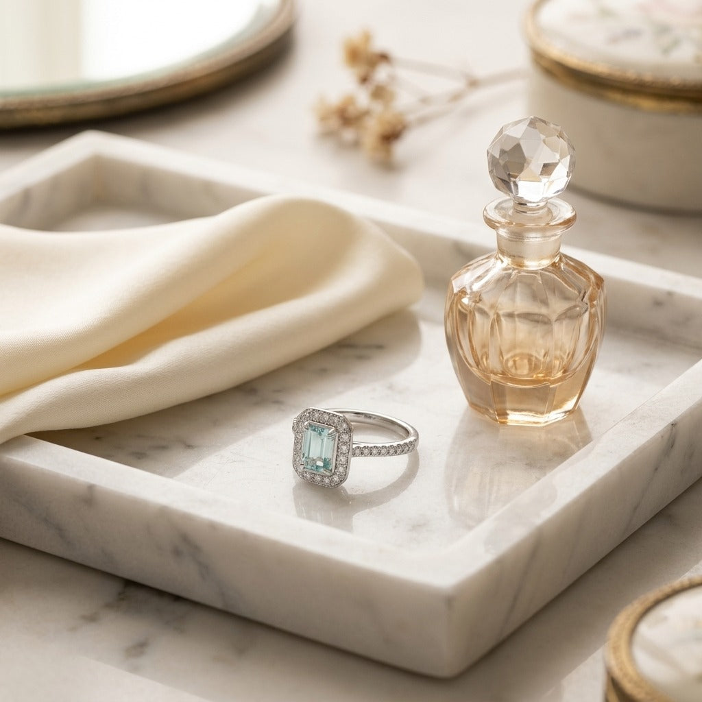 Aquamarine Emerald Cut Halo Ring In 14k White Gold — marble silk