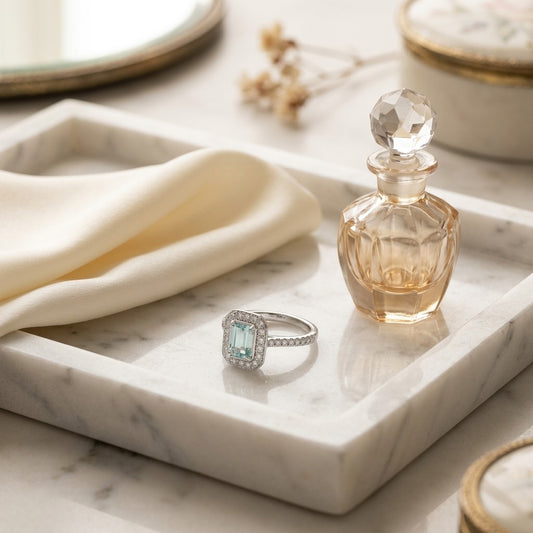 Aquamarine Emerald Cut Halo Ring In 14k White Gold — marble silk