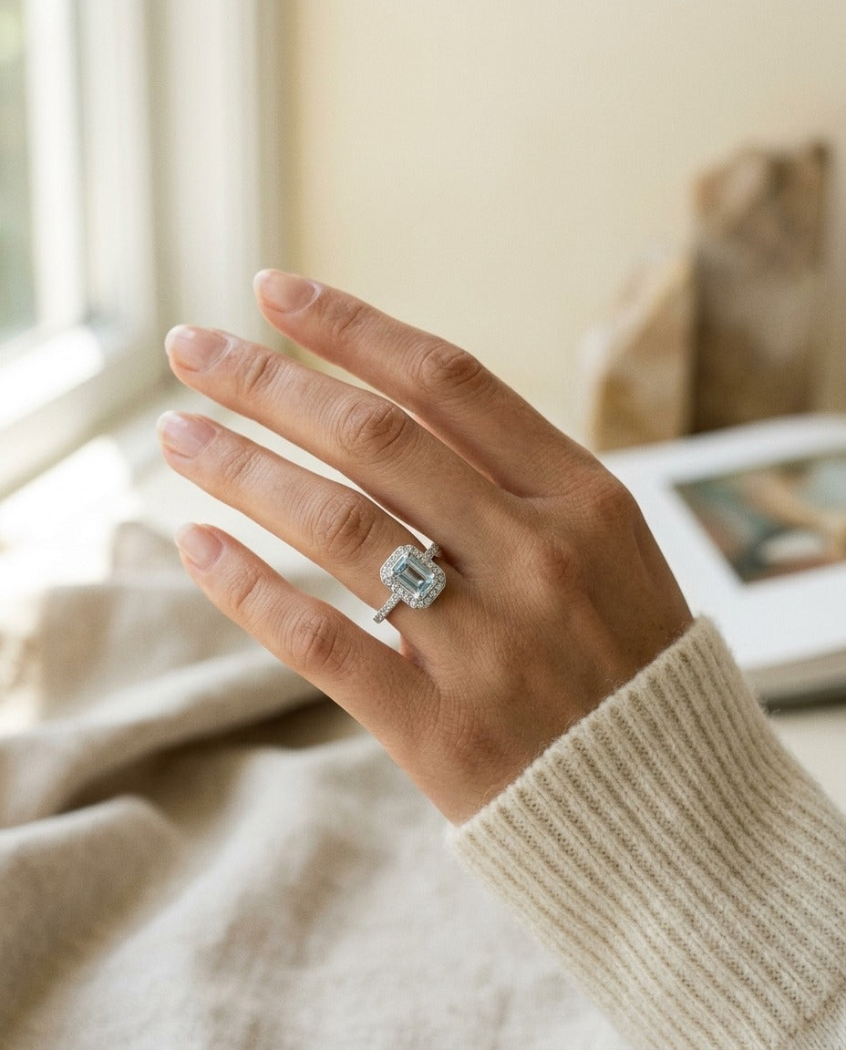 Aquamarine Emerald Cut Halo Ring In 14k White Gold — portrait close