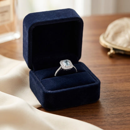 Aquamarine Emerald Cut Halo Ring In 14k White Gold — velvet box