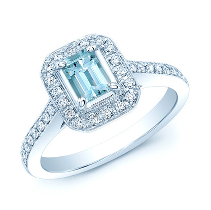 Aquamarine And Diamond Ring In 14k White Gold ( 7 X 5 )