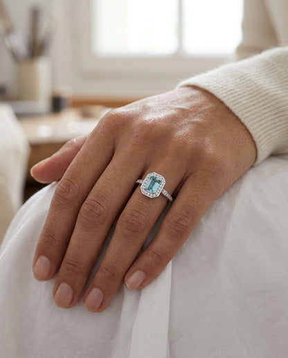 Blue Topaz And Diamond Ring In 14k White Gold — editorial close-up