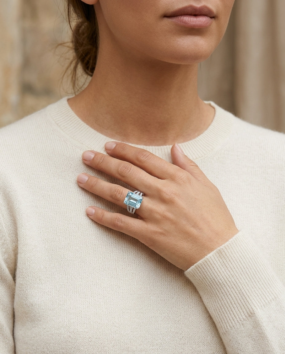 Green Quartz And Diamond Open Shank Ring In 14k White Gold — editorial close-up
