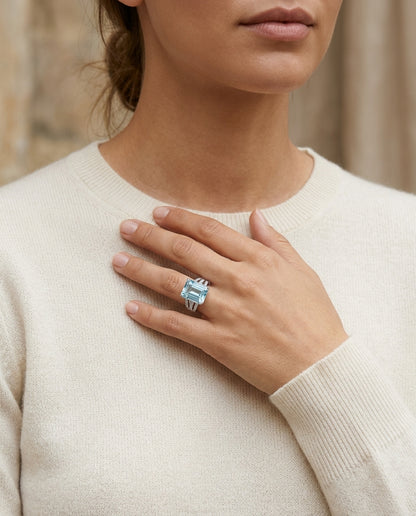 Green Quartz And Diamond Open Shank Ring In 14k White Gold — editorial close-up