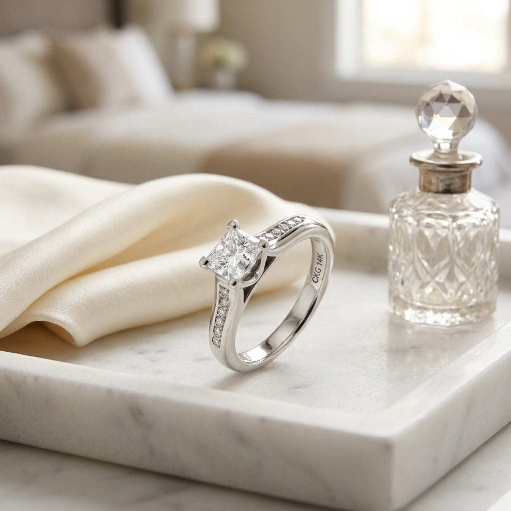 Diamond Engagement Ring Semi Mount with 3/4 Ctw 4 Prong Cast Head in 14k White Gold — marble silk