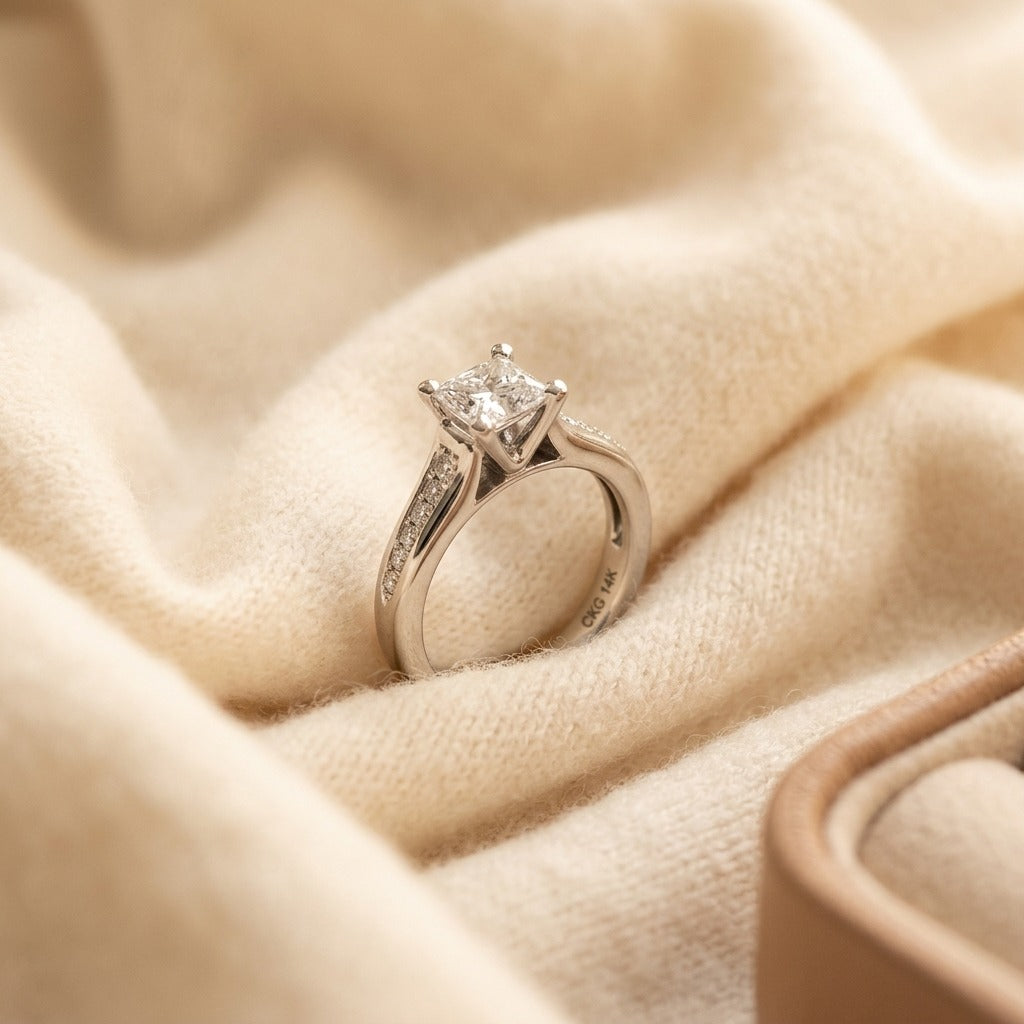 Diamond Engagement Ring Semi Mount with 3/4 Ctw 4 Prong Cast Head in 14k White Gold — textile flat lay