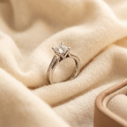 Diamond Engagement Ring Semi Mount with 3/4 Ctw 4 Prong Cast Head in 14k White Gold — textile flat lay