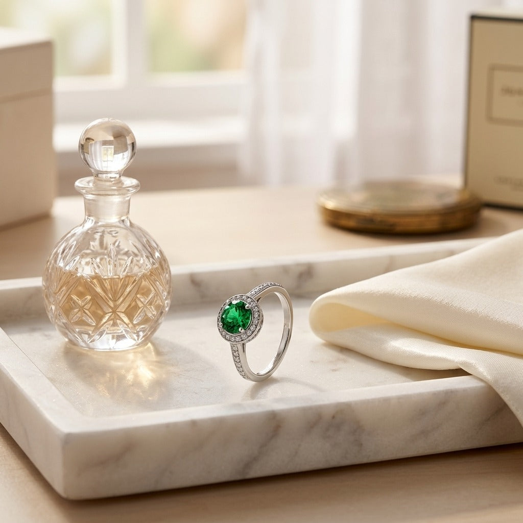 Green Tourmaline And Diamond Halo Ring In 14k White Gold 1/5ctw — marble silk
