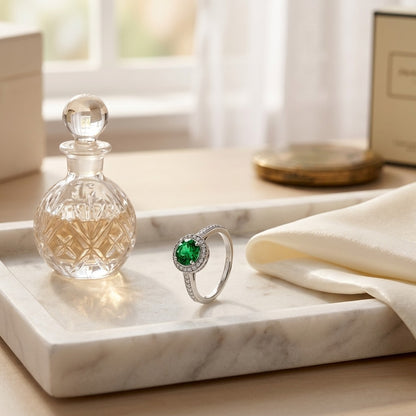 Green Tourmaline And Diamond Halo Ring In 14k White Gold 1/5ctw — marble silk