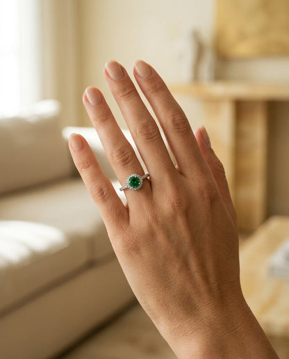 Green Tourmaline And Diamond Halo Ring In 14k White Gold 1/5ctw — portrait close