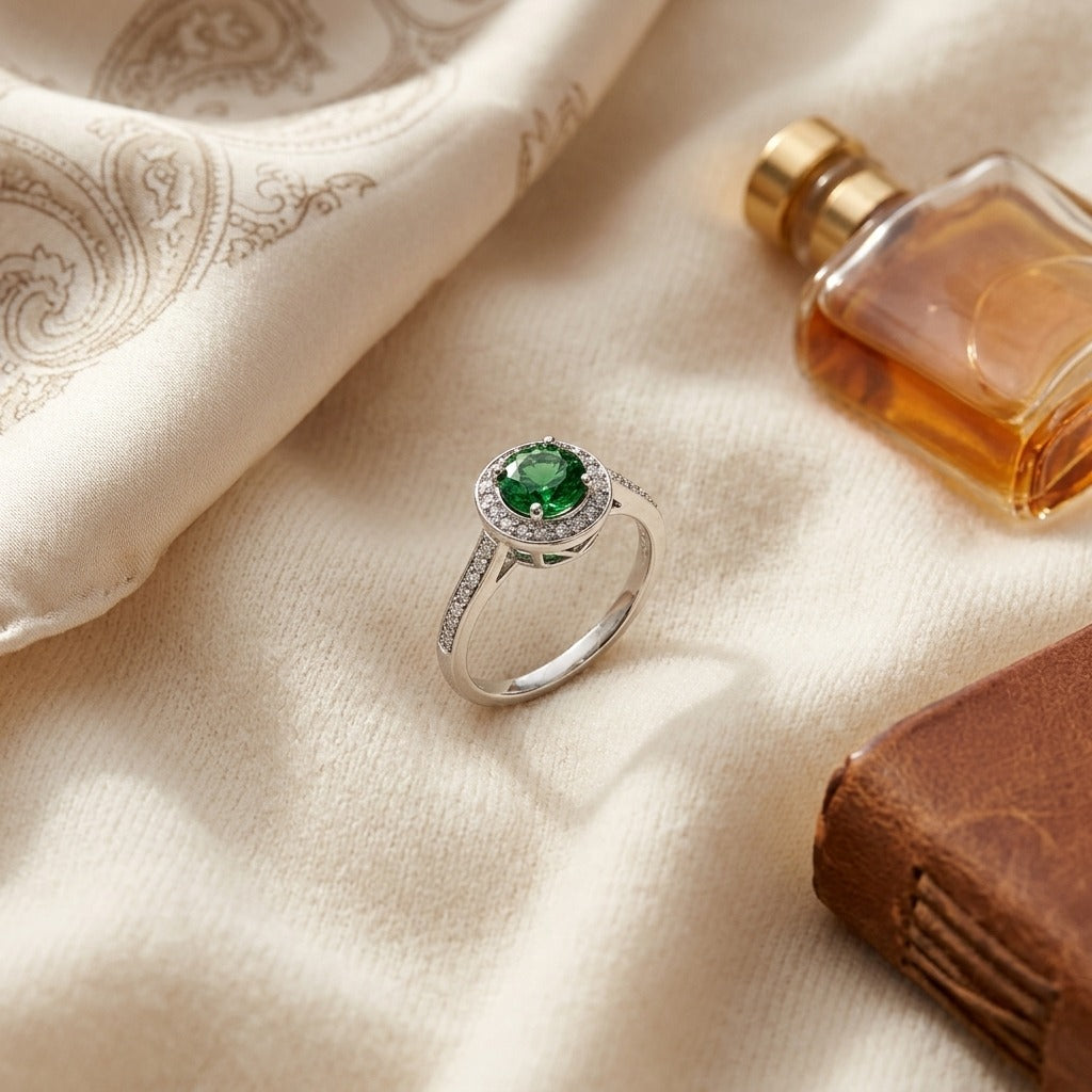 Green Tourmaline And Diamond Halo Ring In 14k White Gold 1/5ctw — textile flat lay
