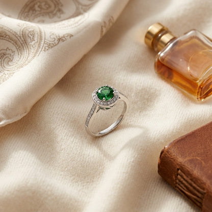 Green Tourmaline And Diamond Halo Ring In 14k White Gold 1/5ctw — textile flat lay