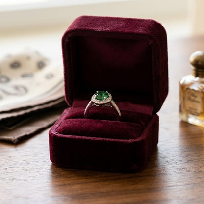Green Tourmaline And Diamond Halo Ring In 14k White Gold 1/5ctw — velvet box