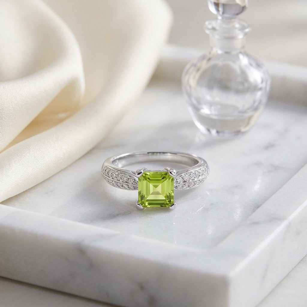 Peridot And Diamond Ring In 14k White Gold — atelier still life