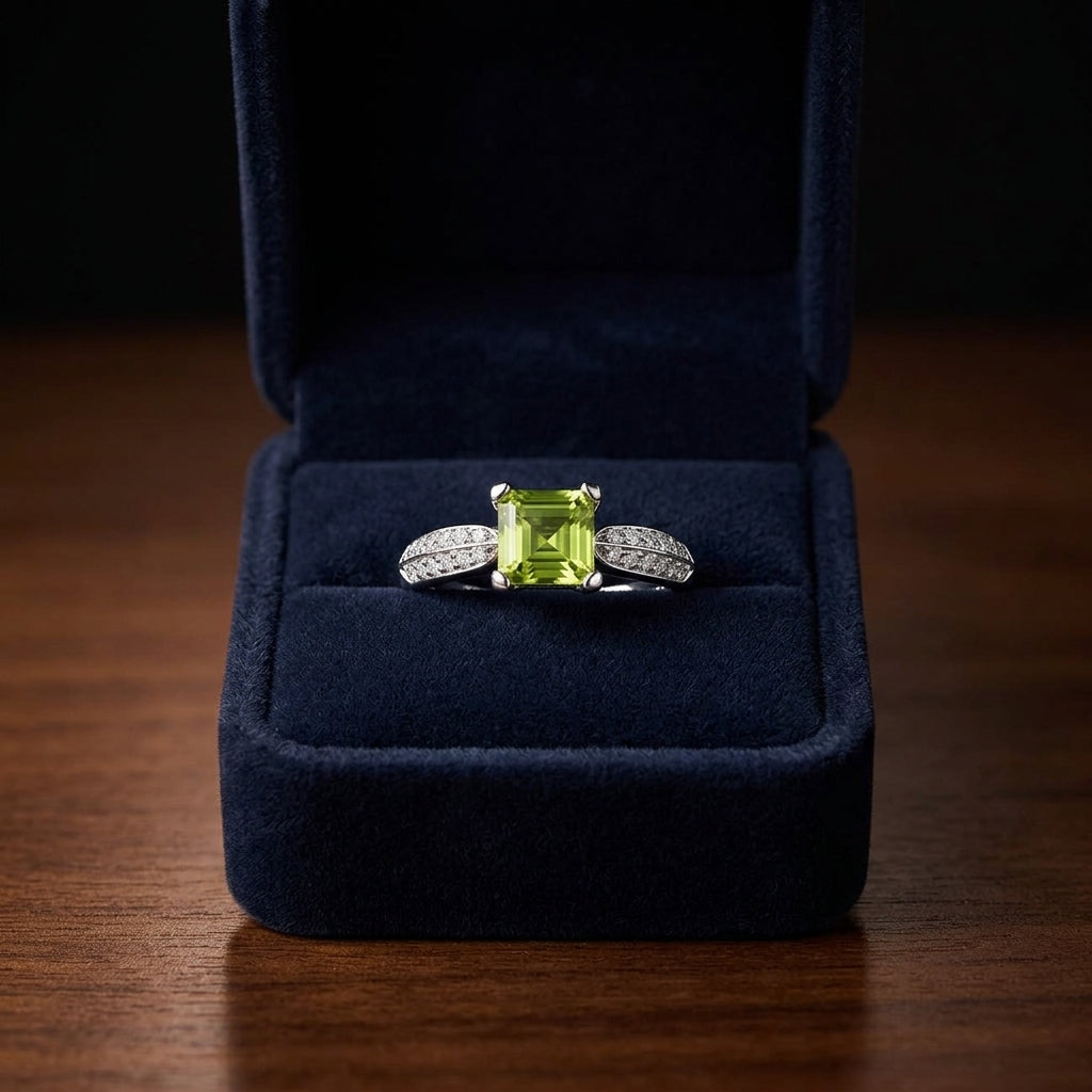 Peridot And Diamond Ring In 14k White Gold — gift presentation