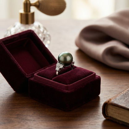 Black South Sea Pearl And Diamond Ring In 14k White Gold — velvet box