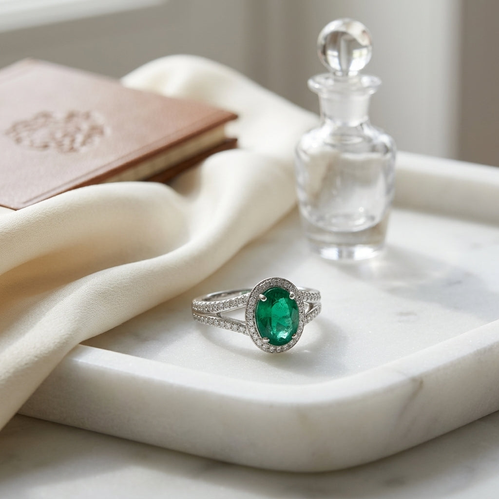 Diamond Pave Halo And Created Emerald Ring In 14k White Gold — atelier still life