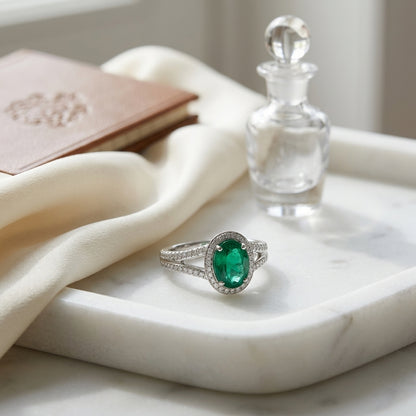 Diamond Pave Halo And Created Emerald Ring In 14k White Gold — atelier still life