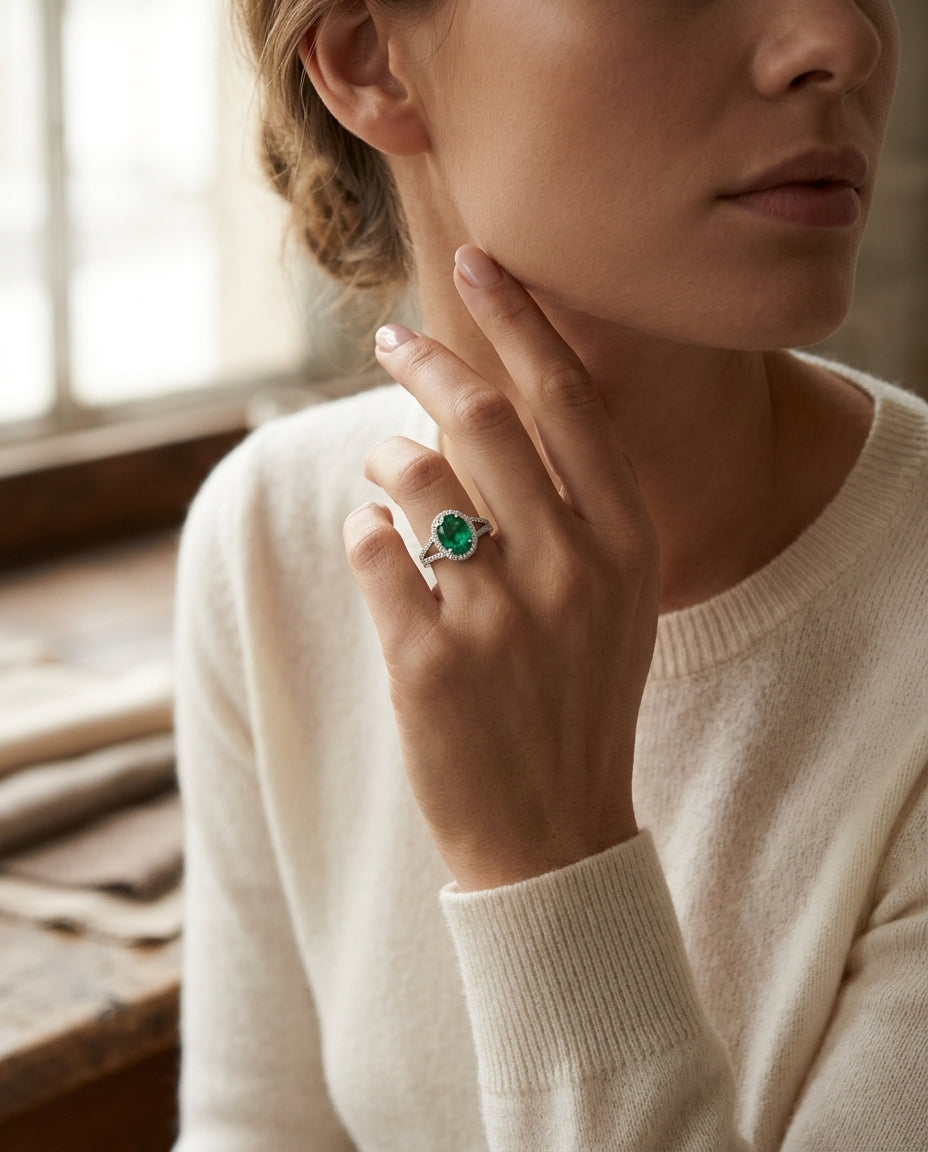 Diamond Pave Halo And Created Emerald Ring In 14k White Gold — editorial close-up