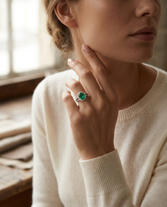 Diamond Pave Halo And Created Emerald Ring In 14k White Gold — editorial close-up