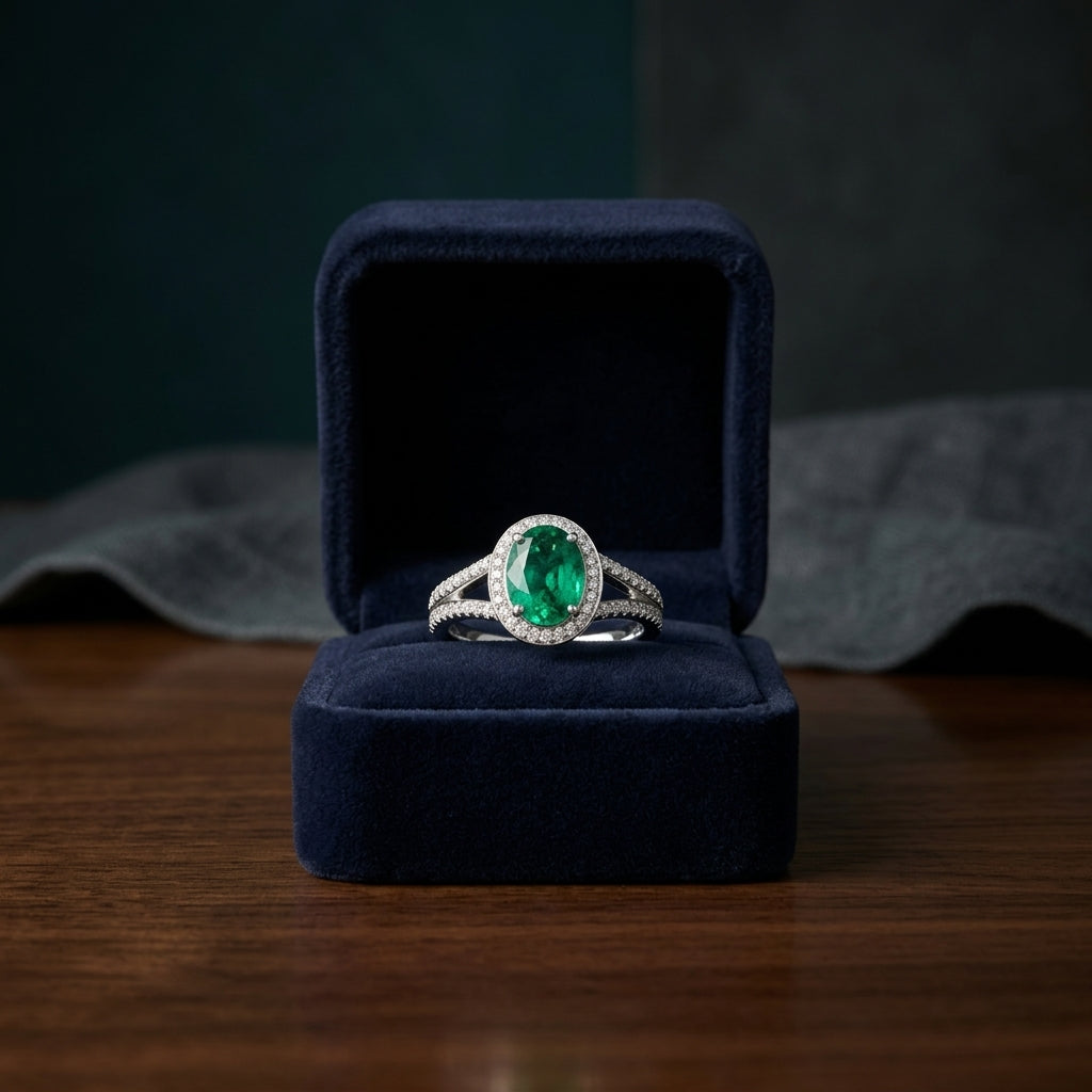 Diamond Pave Halo And Created Emerald Ring In 14k White Gold — gift presentation