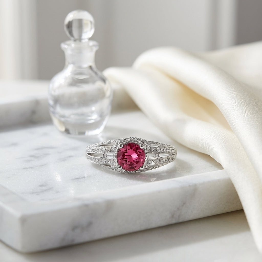 Pink Tourmaline And Diamond Ring In 14k White Gold (1/3ctw) — atelier still life