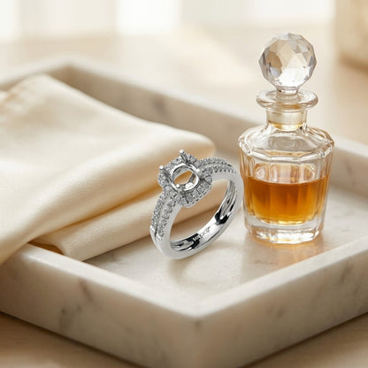Diamond Semi-Mount Ring with Cushion Frame and Double Shank with 0.75ct Round Head in 14k White Gold — marble silk