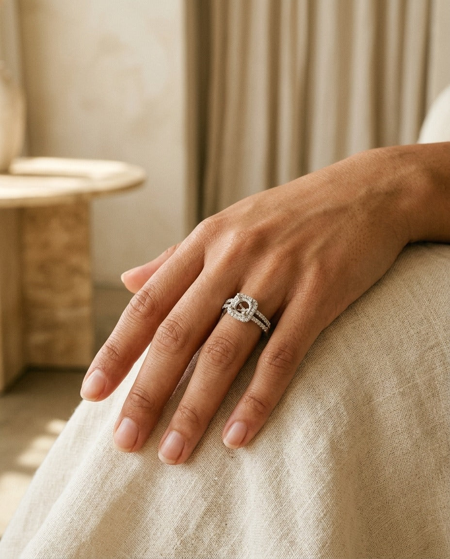 Diamond Semi-Mount Ring with Cushion Frame and Double Shank with 0.75ct Round Head in 14k White Gold — portrait close