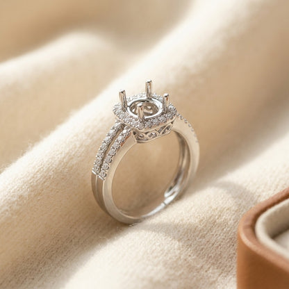 Diamond Semi-Mount Ring with Cushion Frame and Double Shank with 0.75ct Round Head in 14k White Gold — textile flat lay