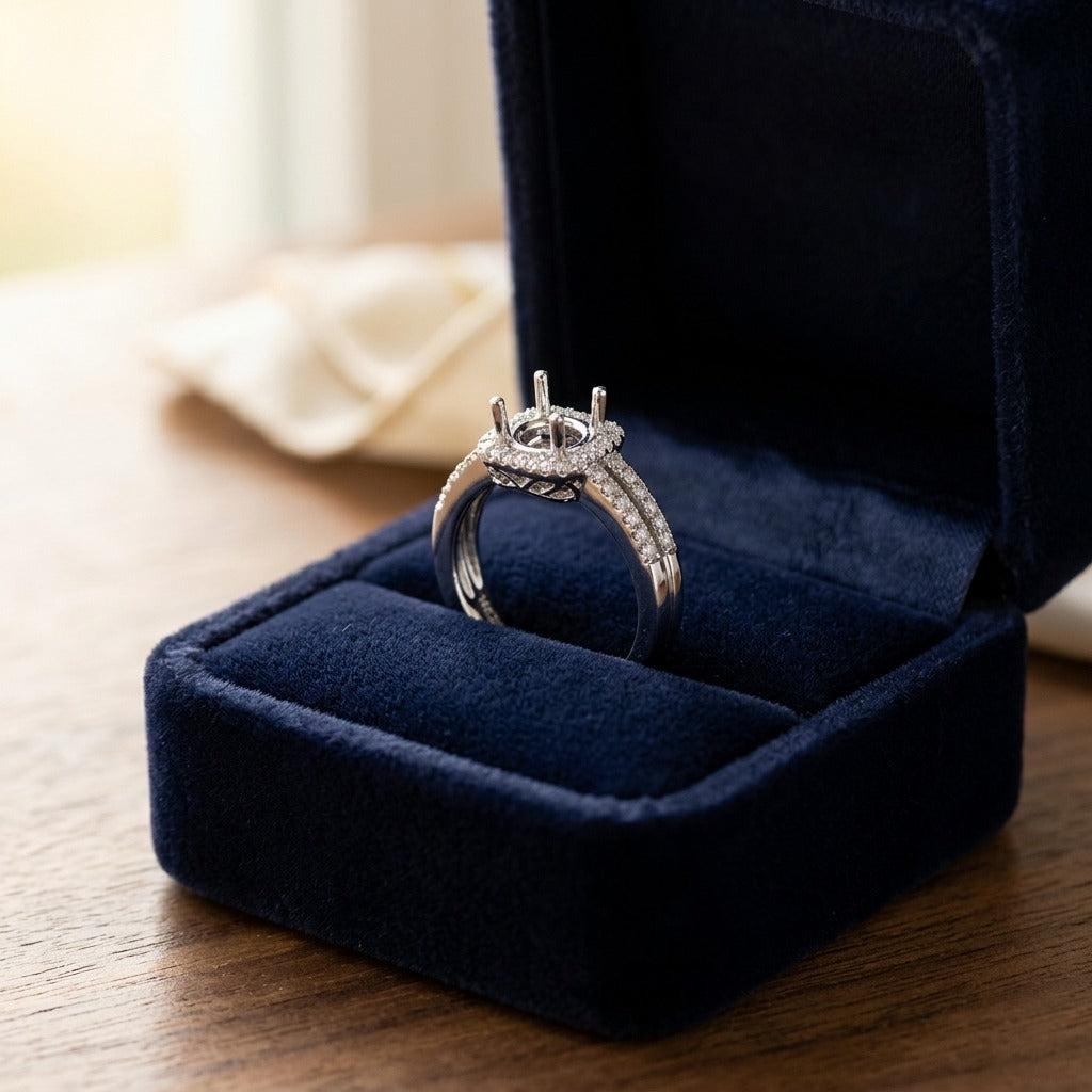 Diamond Semi-Mount Ring with Cushion Frame and Double Shank with 0.75ct Round Head in 14k White Gold — velvet box