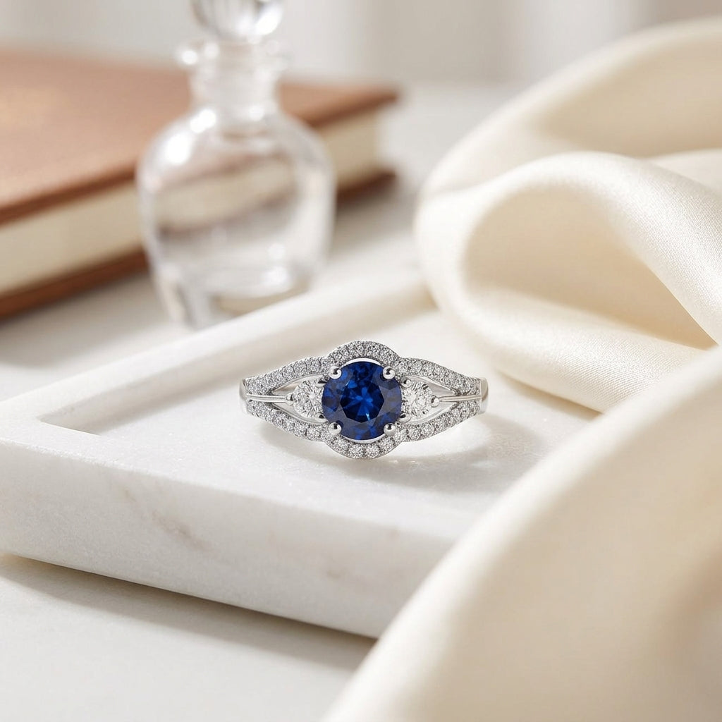 Round Blue Sapphire And Diamond Split Shank Halo Ring In 14k White Gold (hi/vs) (6mm) — atelier still life
