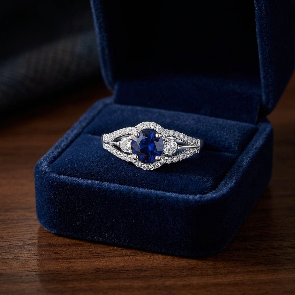 Round Blue Sapphire And Diamond Split Shank Halo Ring In 14k White Gold (hi/vs) (6mm) — gift presentation
