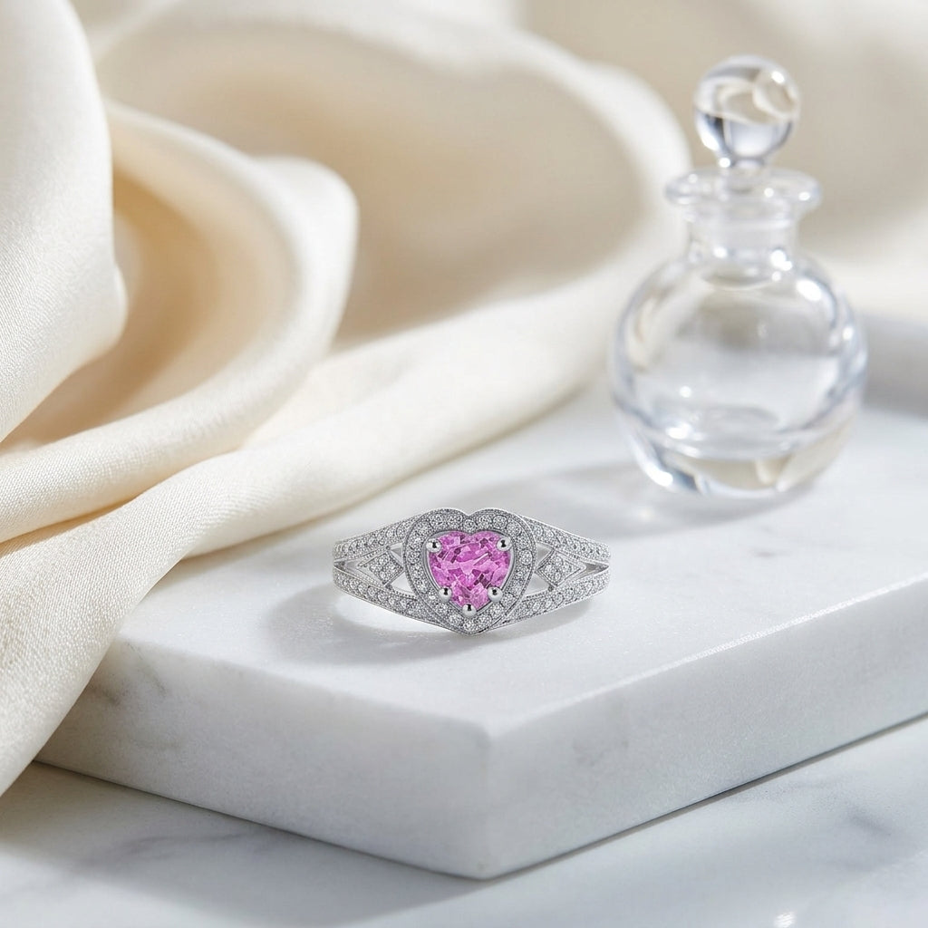 Heart Pink Sapphire And Diamond Split Shank Halo Ring In 14k White Gold (hi/si) (4mm) — atelier still life