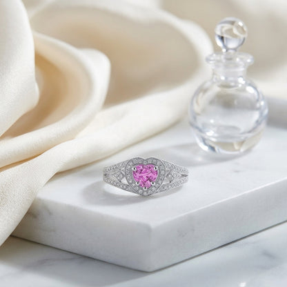 Heart Pink Sapphire And Diamond Split Shank Halo Ring In 14k White Gold (hi/si) (4mm) — atelier still life