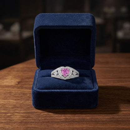 Heart Pink Sapphire And Diamond Split Shank Halo Ring In 14k White Gold (hi/si) (4mm) — gift presentation