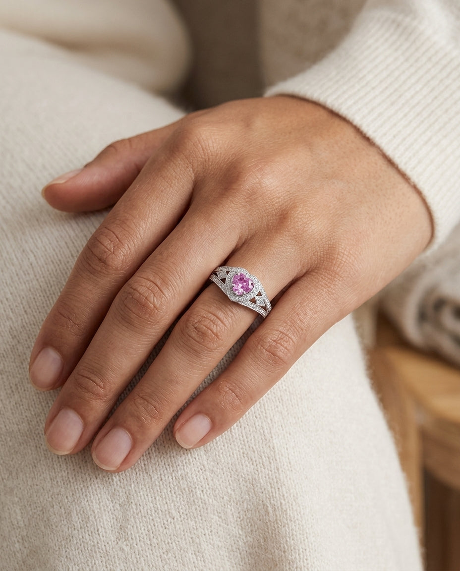 Heart Blue Sapphire And Diamond Split Shank Halo Ring In 14k White Gold (hi/si) (4mm) — editorial close-up