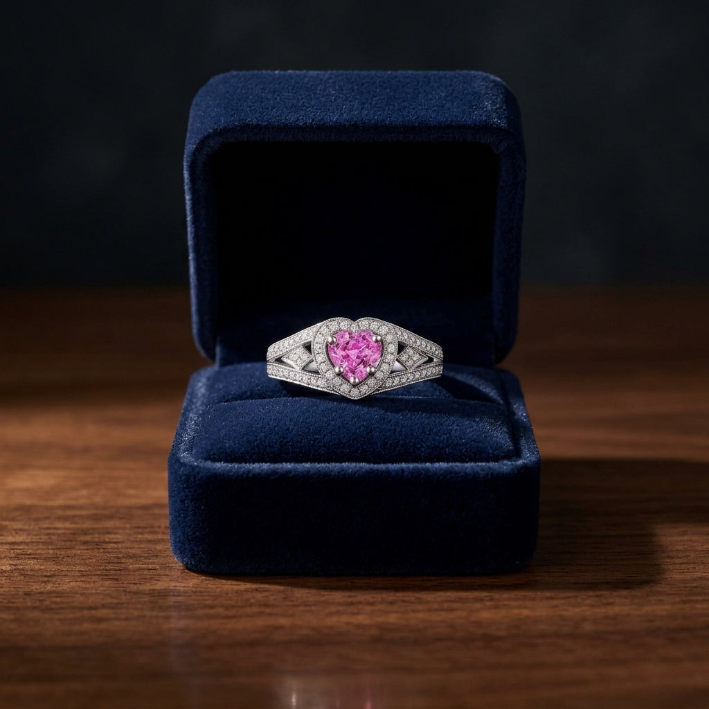 Heart Blue Sapphire And Diamond Split Shank Halo Ring In 14k White Gold (hi/si) (4mm) — gift presentation