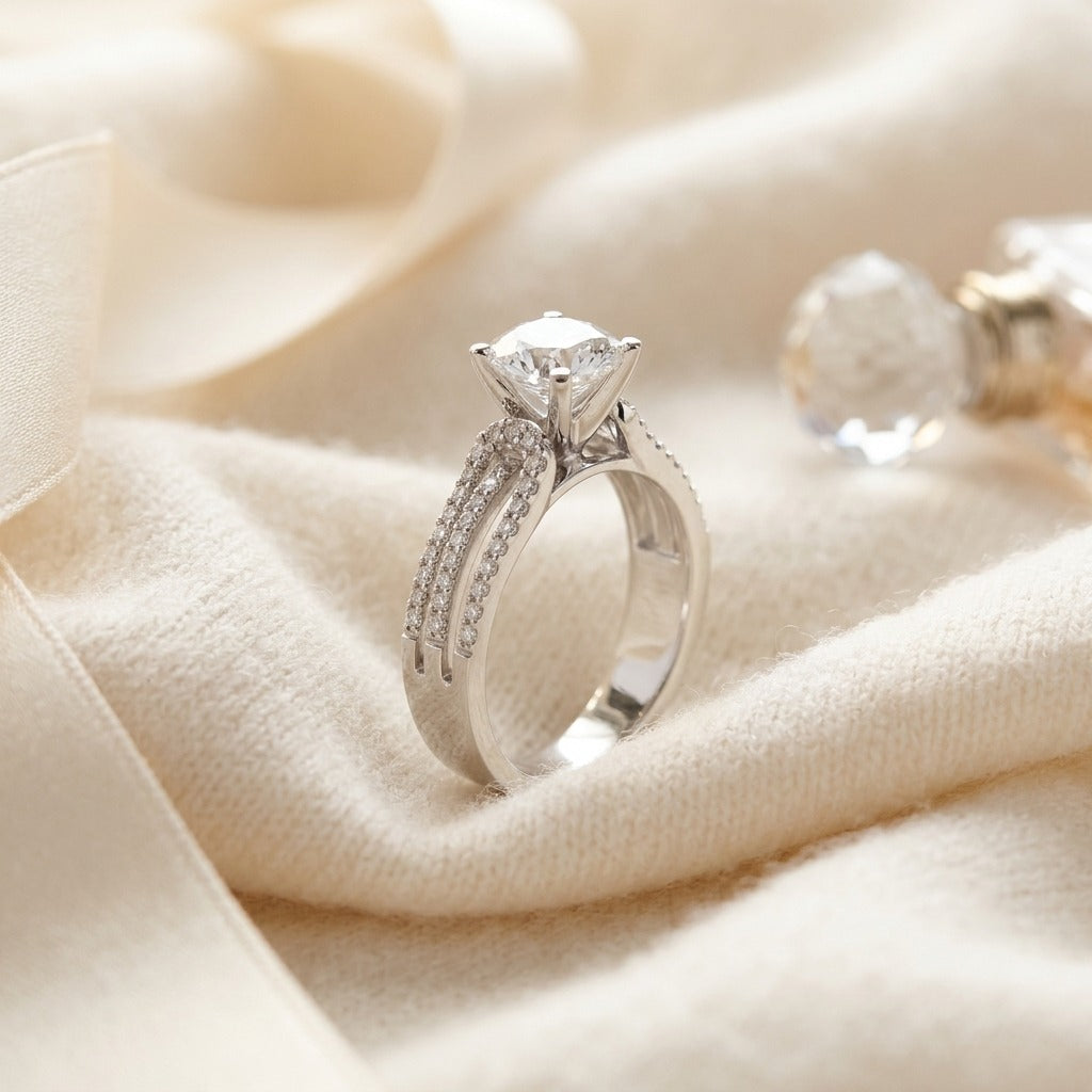 Diamond Engagement Semi Mount Ring with 1.00 Ctw Rd Cz Center in 14k White Gold (3/8 Ct.tw.) — textile flat lay