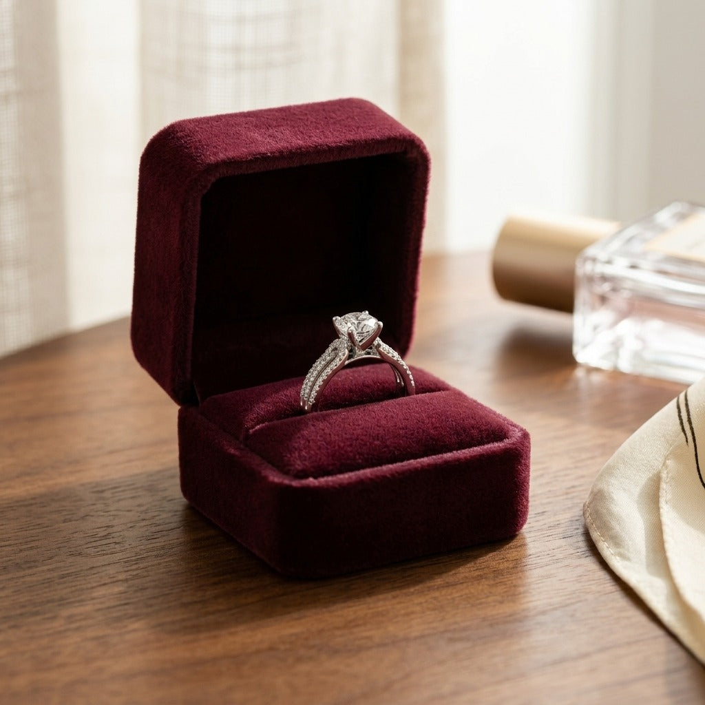 Diamond Engagement Semi Mount Ring with 1.00 Ctw Rd Cz Center in 14k White Gold (3/8 Ct.tw.) — velvet box