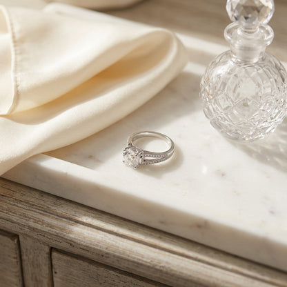 Cubic Zirconia and Diamond 4 Prong Split Shank Engagement Ring in 14k White Gold — marble silk