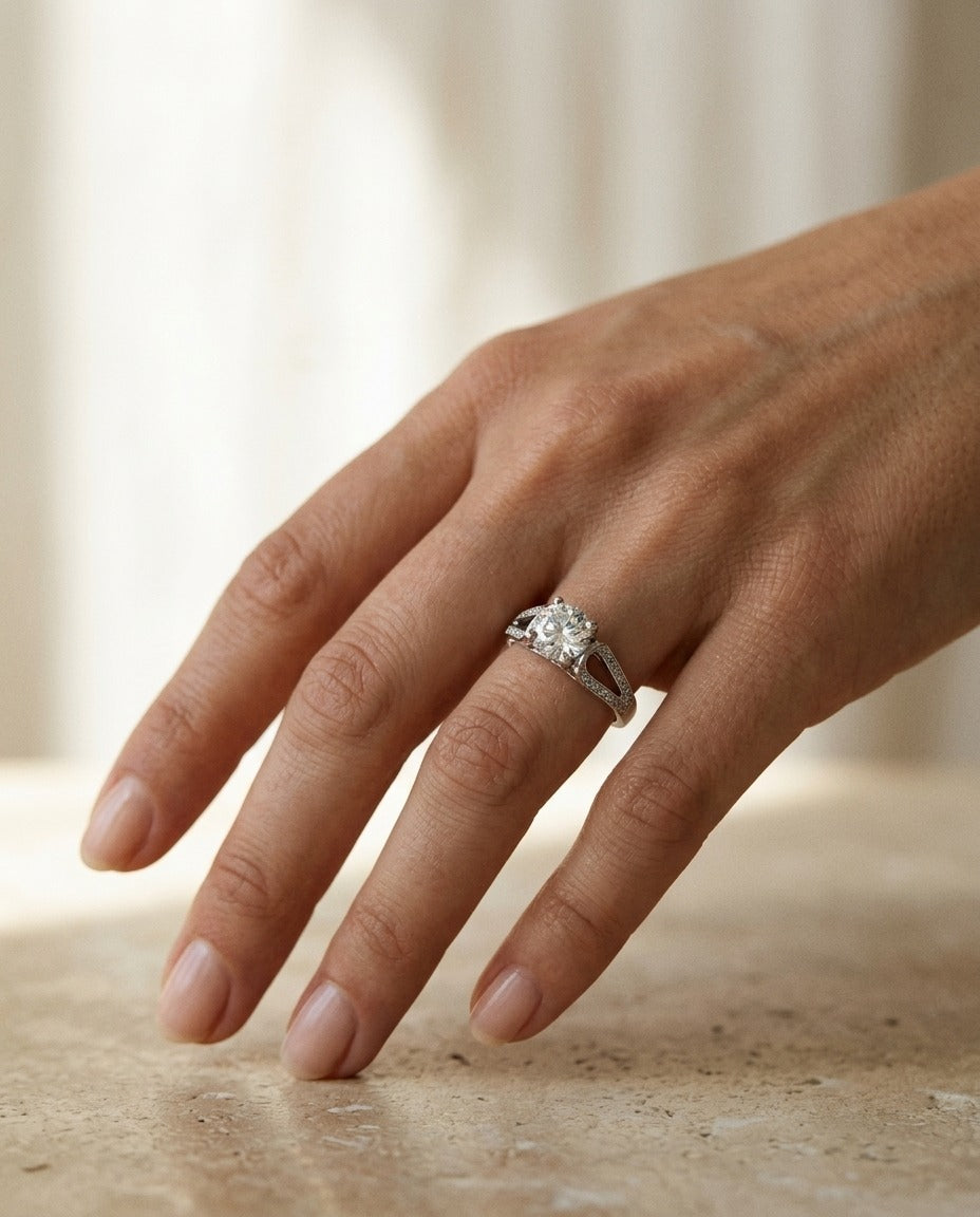 Cubic Zirconia and Diamond 4 Prong Split Shank Engagement Ring in 14k White Gold — portrait close