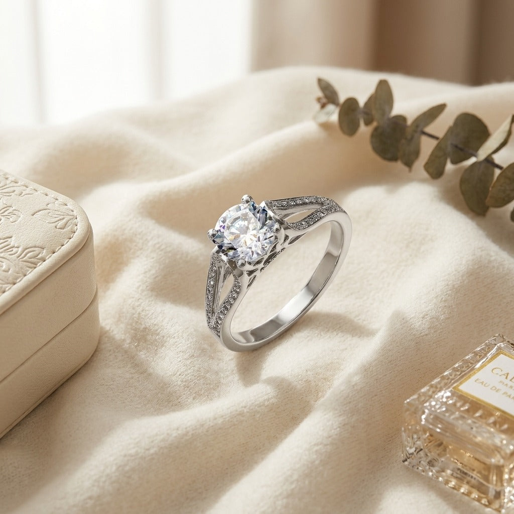 Cubic Zirconia and Diamond 4 Prong Split Shank Engagement Ring in 14k White Gold — textile flat lay