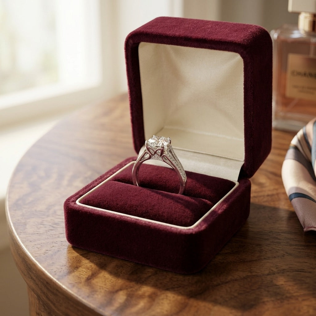 Cubic Zirconia and Diamond 4 Prong Split Shank Engagement Ring in 14k White Gold — velvet box