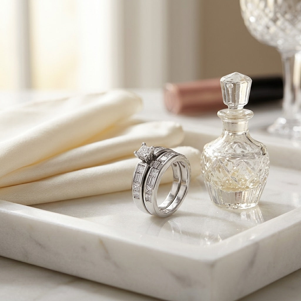 Diamond Princess and Baguette Alternating Channel Wedding Set in 14k White Gold — marble silk
