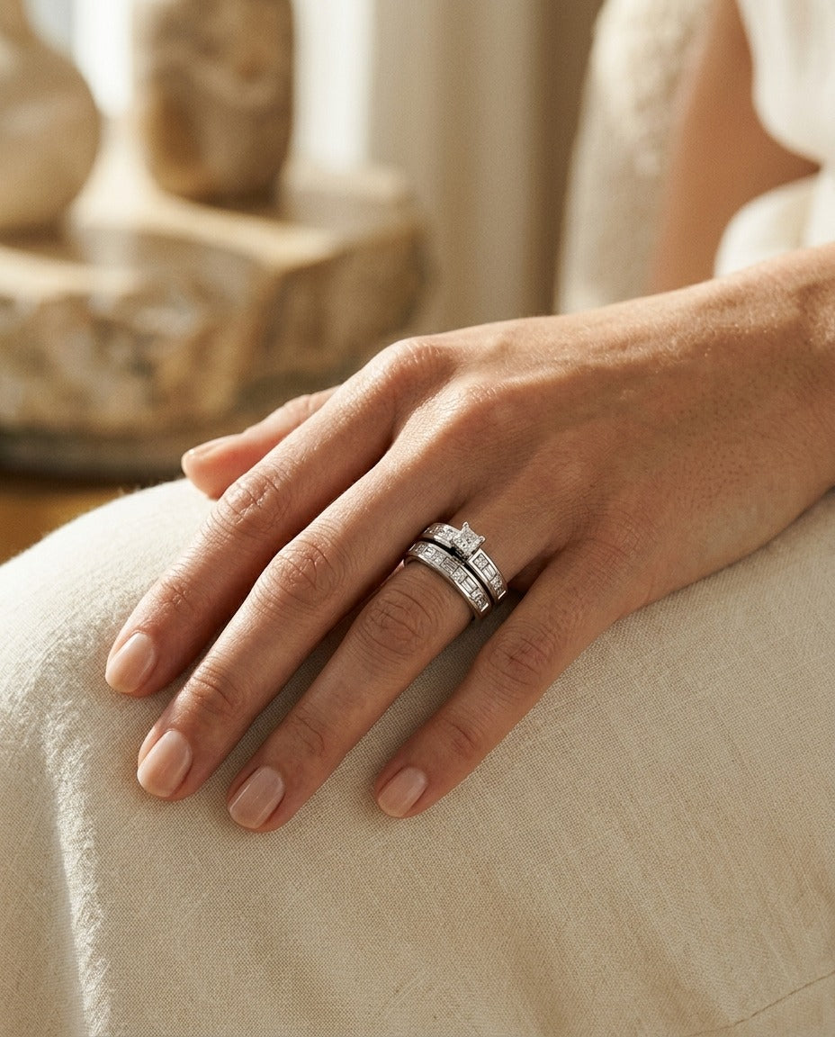 Diamond Princess and Baguette Alternating Channel Wedding Set in 14k White Gold — portrait close