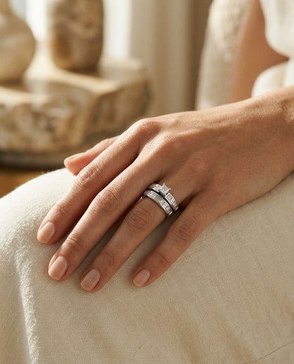 Diamond Princess and Baguette Alternating Channel Wedding Set in 14k White Gold — portrait close