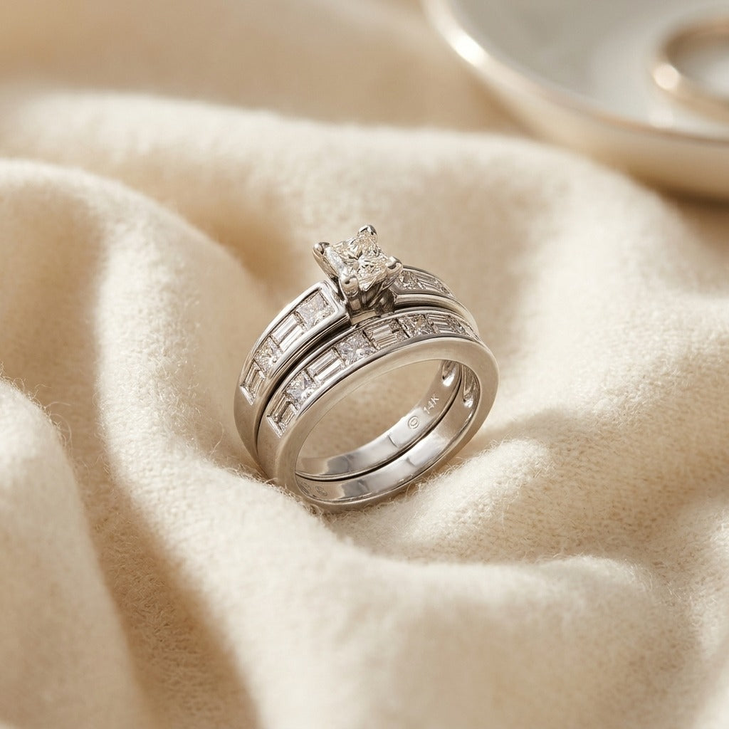 Diamond Princess and Baguette Alternating Channel Wedding Set in 14k White Gold — textile flat lay