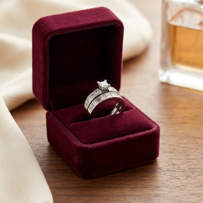 Diamond Princess and Baguette Alternating Channel Wedding Set in 14k White Gold — velvet box